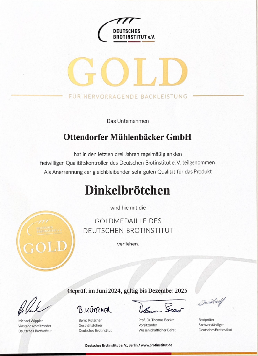 Zertifikat Brotinstitut Dinkelbrötchen Gold