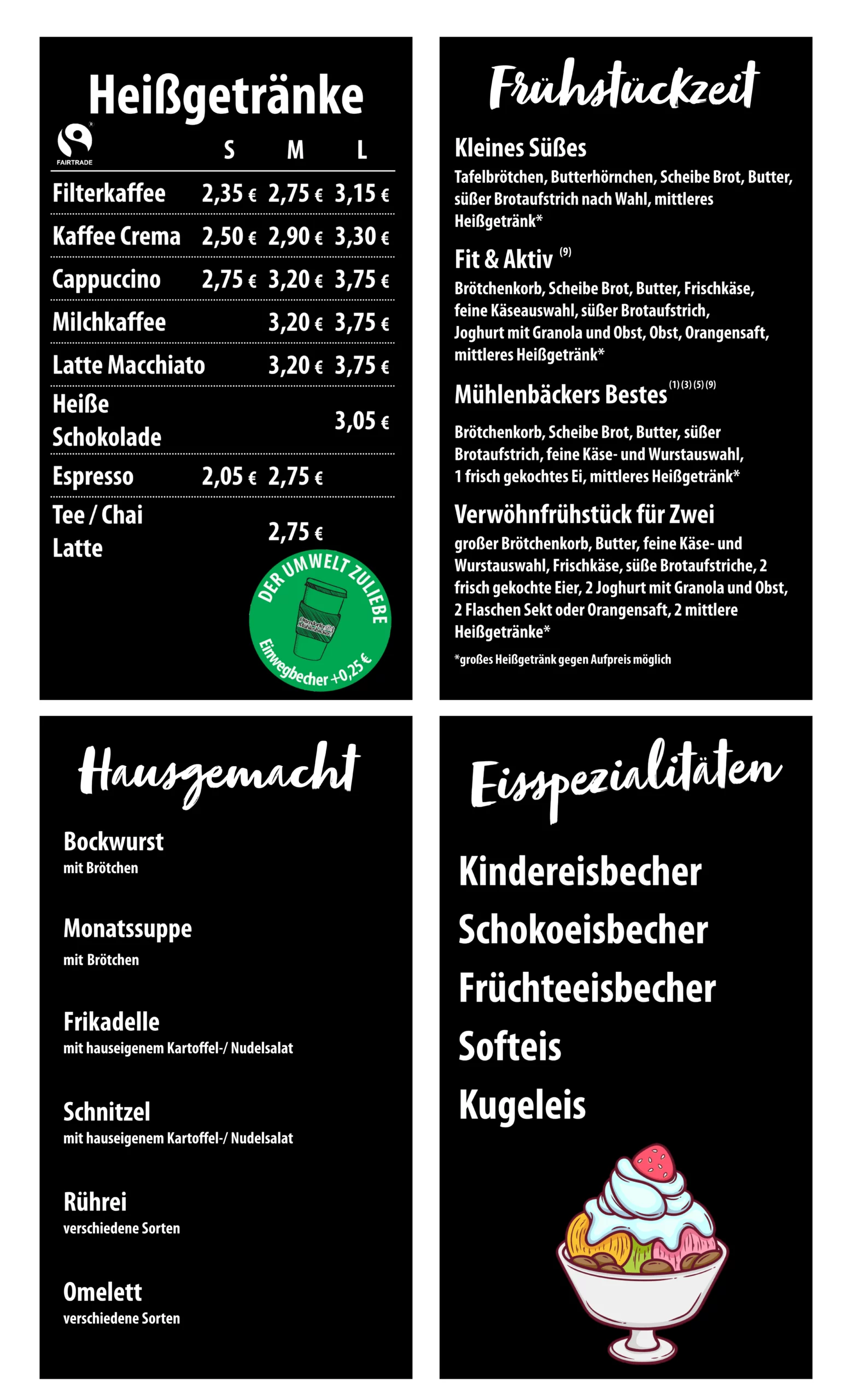 Café-Menü mit Heißen Getränken, Frühstücksoptionen, Hausgemachten Speisen und Eis-Spezialitäten. Preise und Angebote sichtbar.