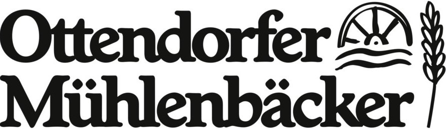 Schriftzug Ottendorfer Mühlenbäcker mit Mühlrad und Ähre als Grafiken.